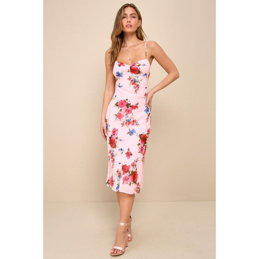 Lulus Inspiring Sweetness Light Pink Floral Cowl Back Midi Dress - Size L